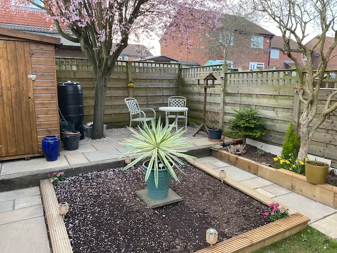 Garden transformation with patio and raised beds